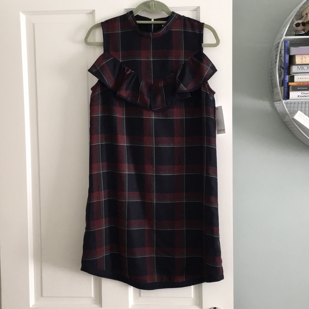 SUNO Ruffled plaid wool and silk-blend mini dress